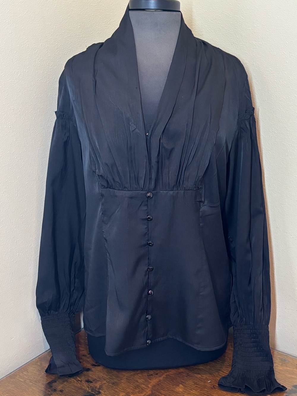 Scarlett Darkness Black Silk-Look Button Front Blouse, Gothic, Renaissance, Xl